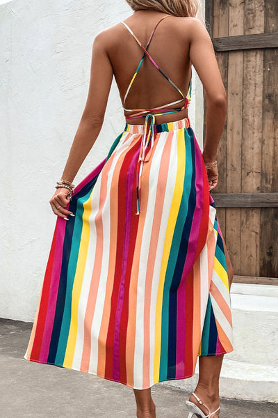 Candy Stripe Crisscross Backless Dress