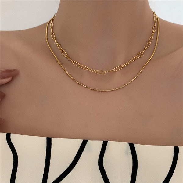 Double layered snake paper clip chain necklace